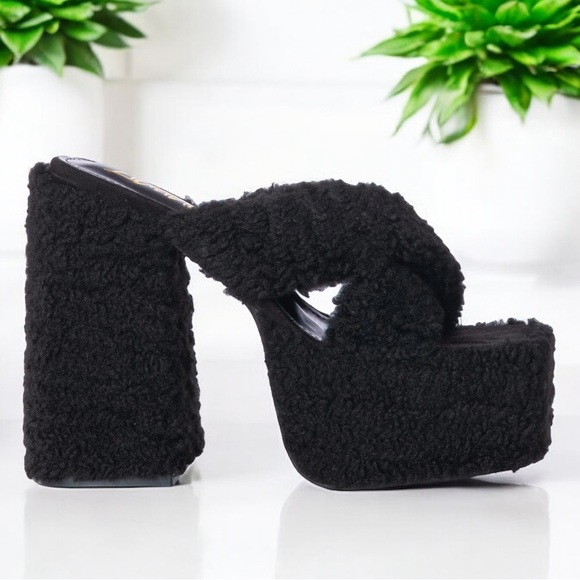 Black Fuzzy Square Toe Platform Mule - Picture 6 of 6